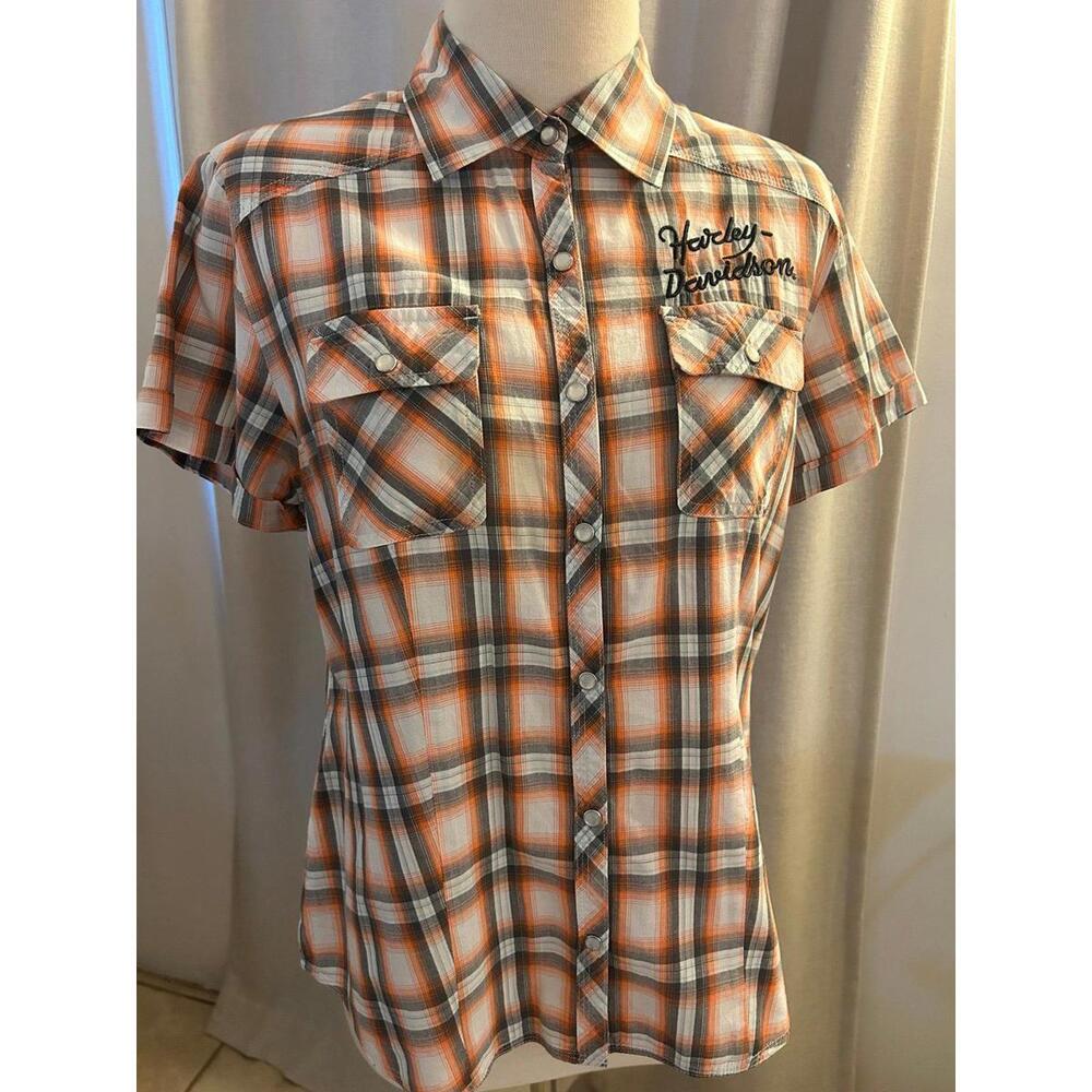 Harley-Davidson Women’s Orange Plaid Embroidered Snap Shirt M Genuine HD